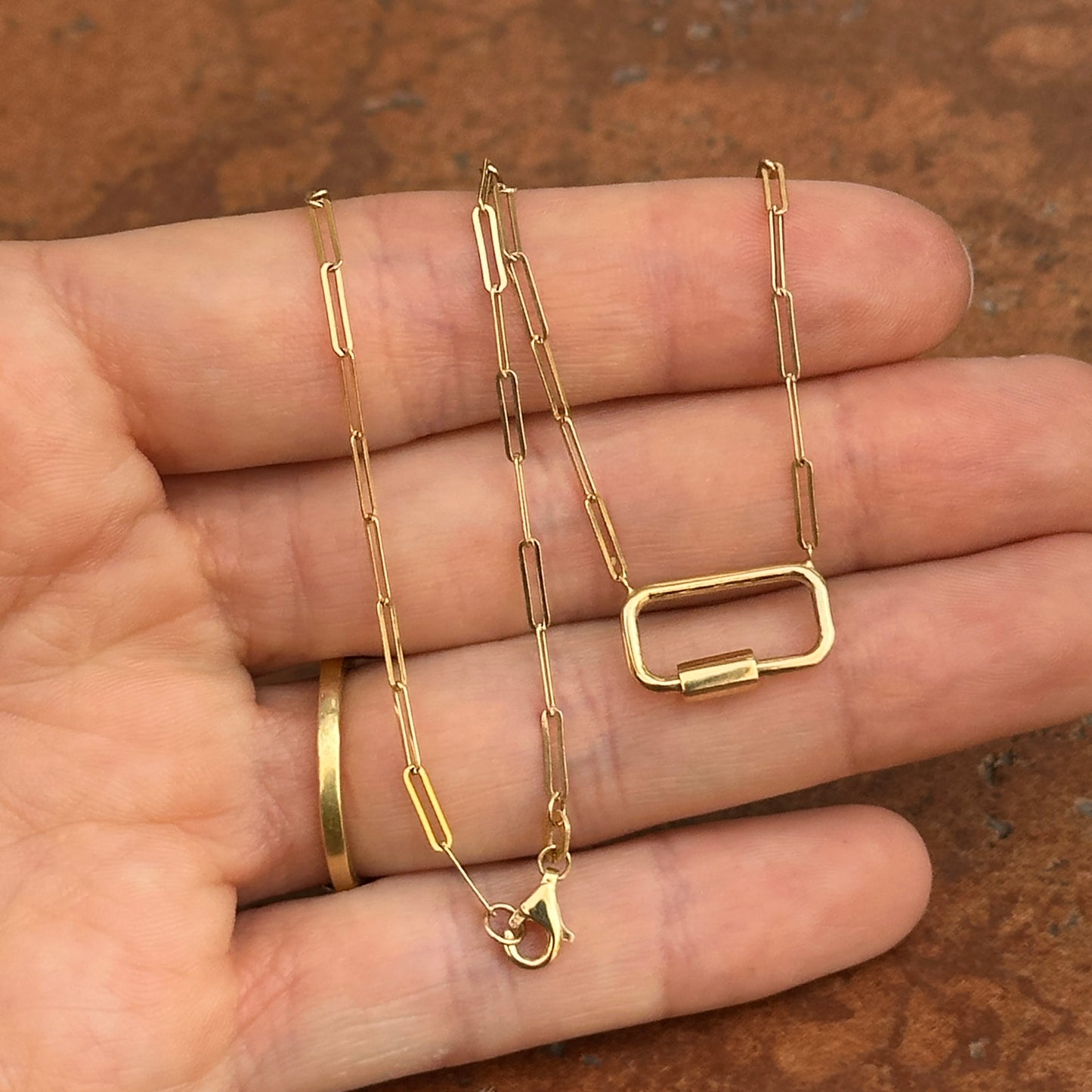 14KT Yellow Gold Rectangle Carabiner Charm Holder Paper Clip Necklace