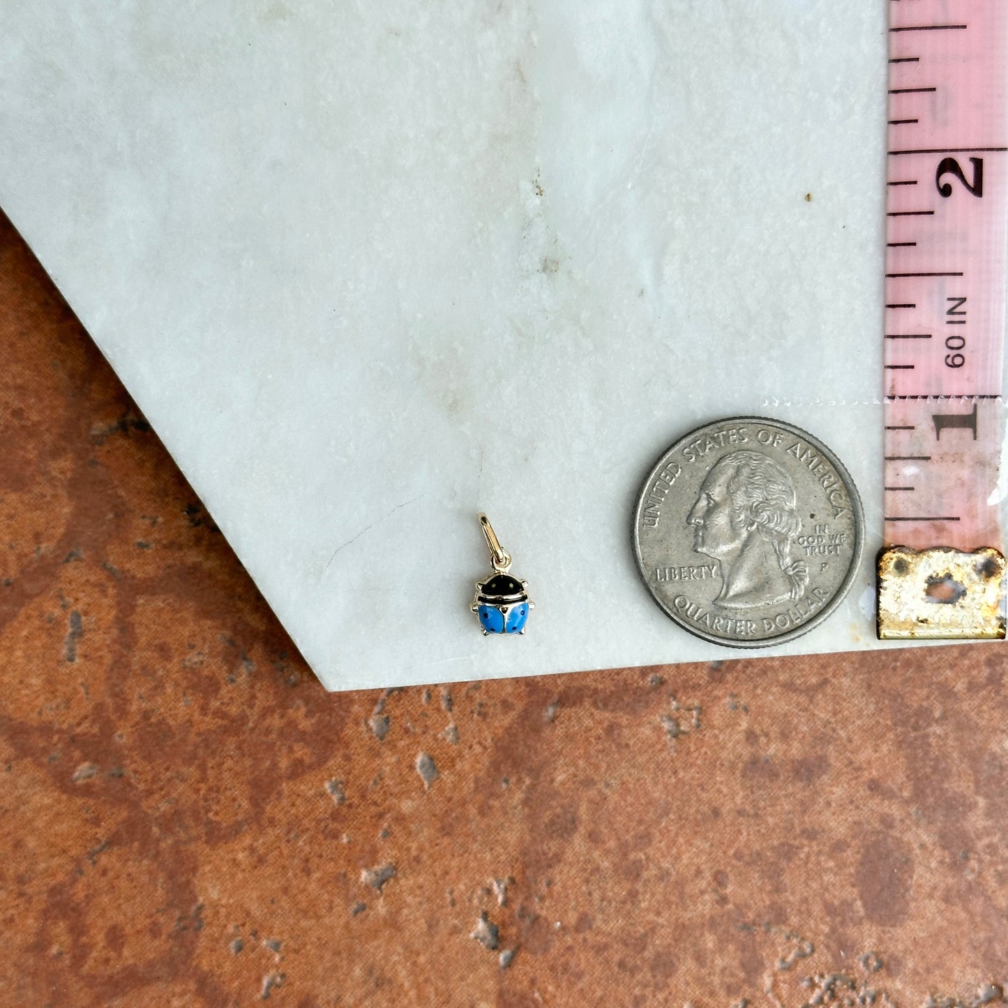 14KT Yellow Gold Blue Enamel Ladybug Pendant Charm 7mm