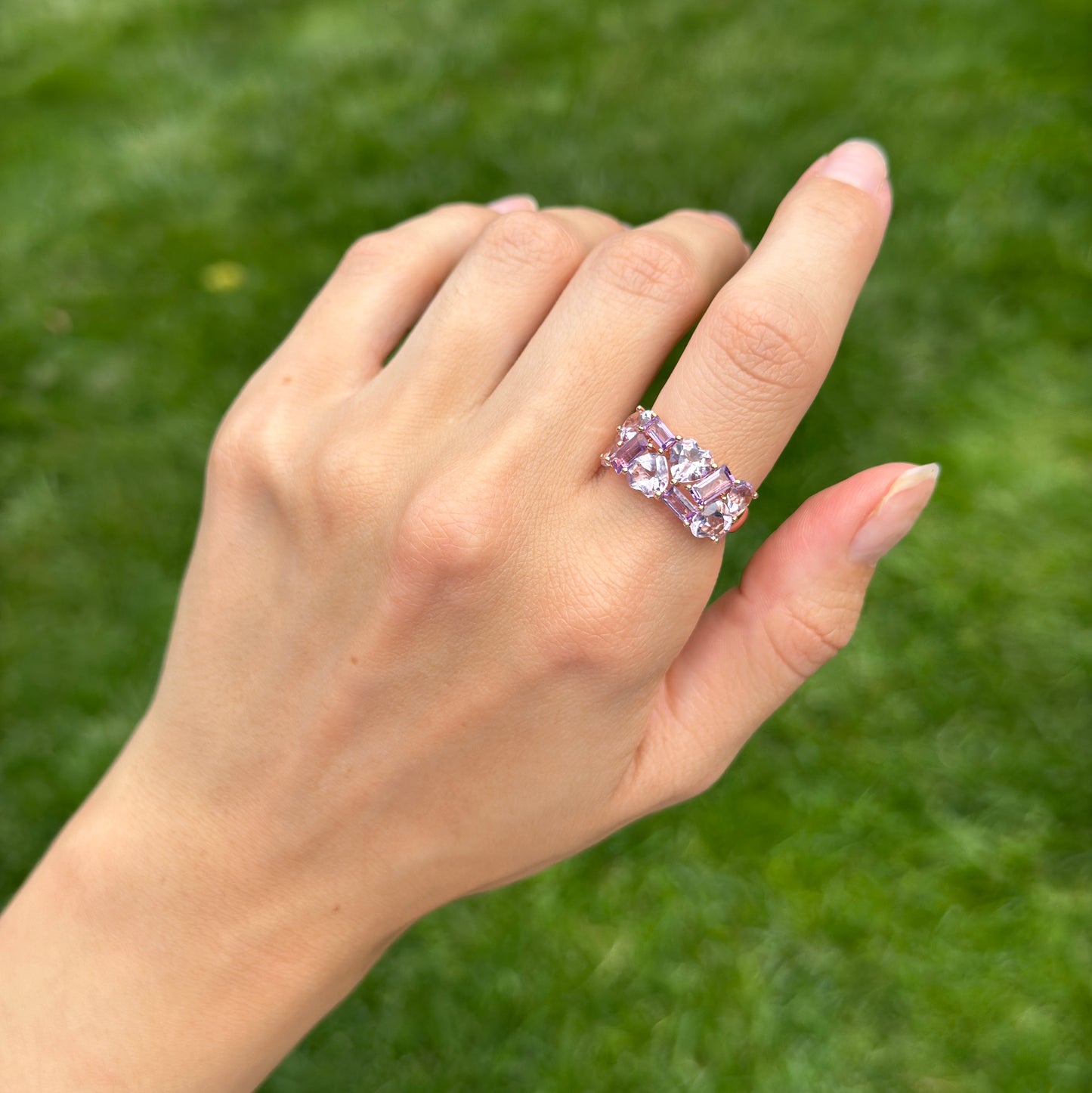 Estate 14KT Rose Gold Heart + Baguette Pink & Purple Amethyst Ring