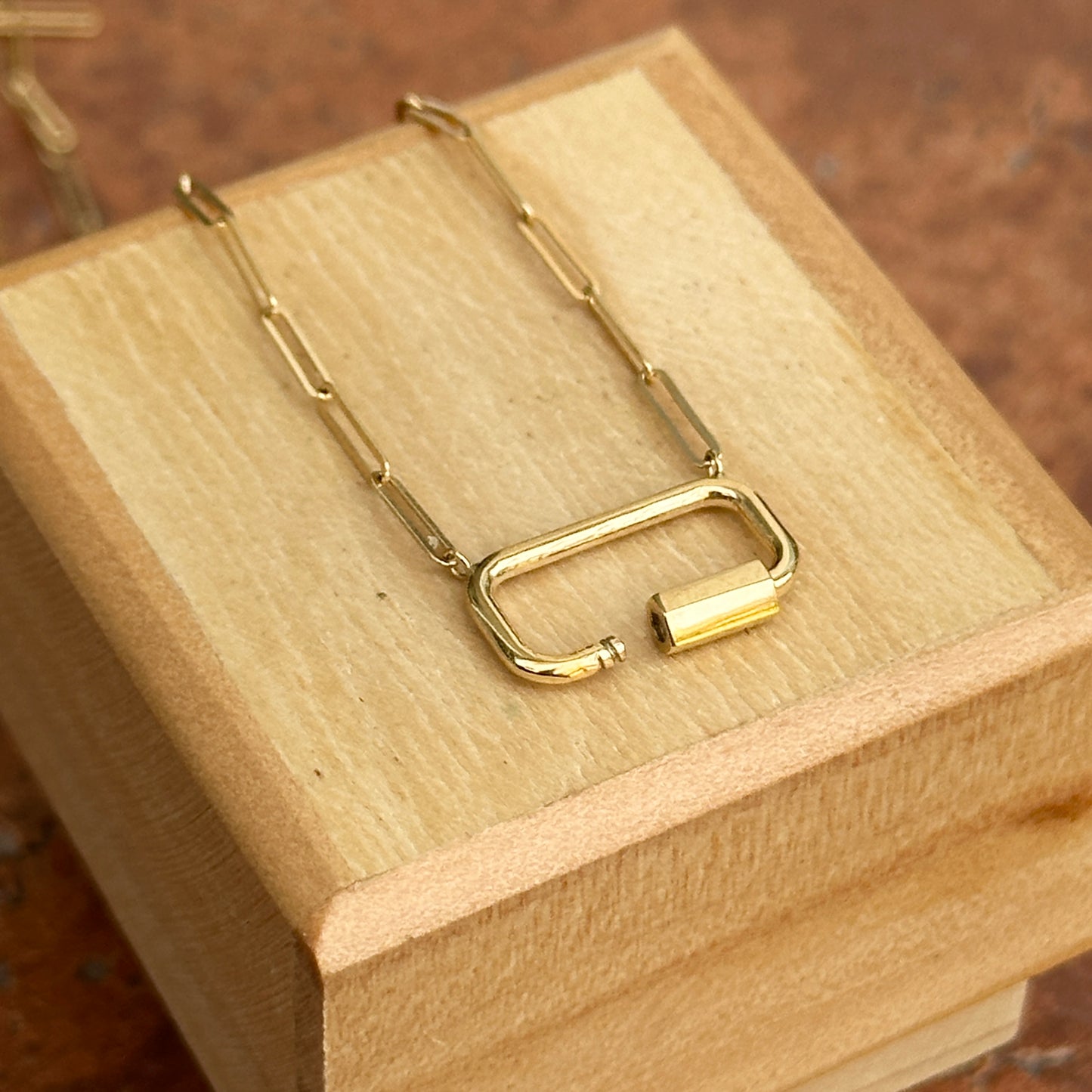 14KT Yellow Gold Rectangle Carabiner Charm Holder Paper Clip Necklace