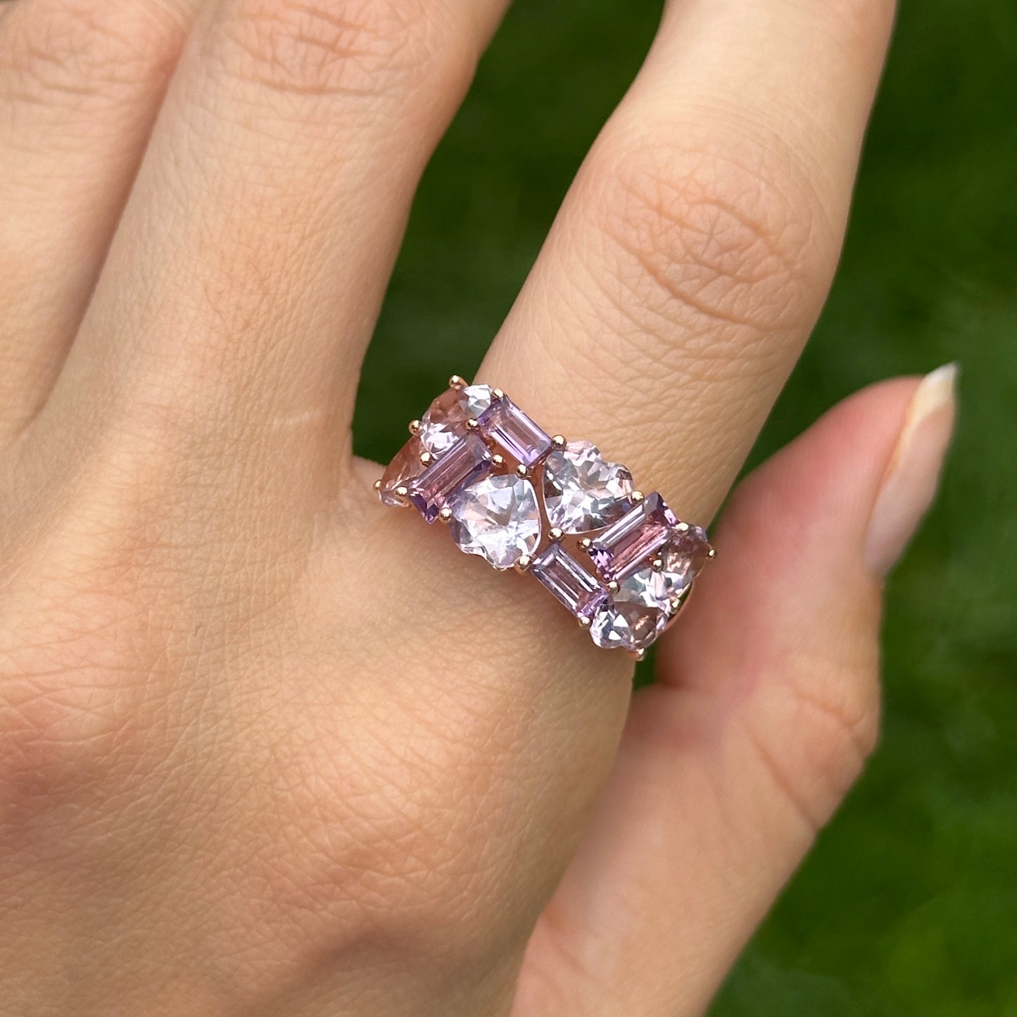 Estate 14KT Rose Gold Heart + Baguette Pink & Purple Amethyst Ring