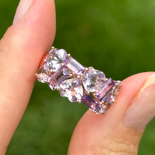 Estate 14KT Rose Gold Heart + Baguette Pink & Purple Amethyst Ring
