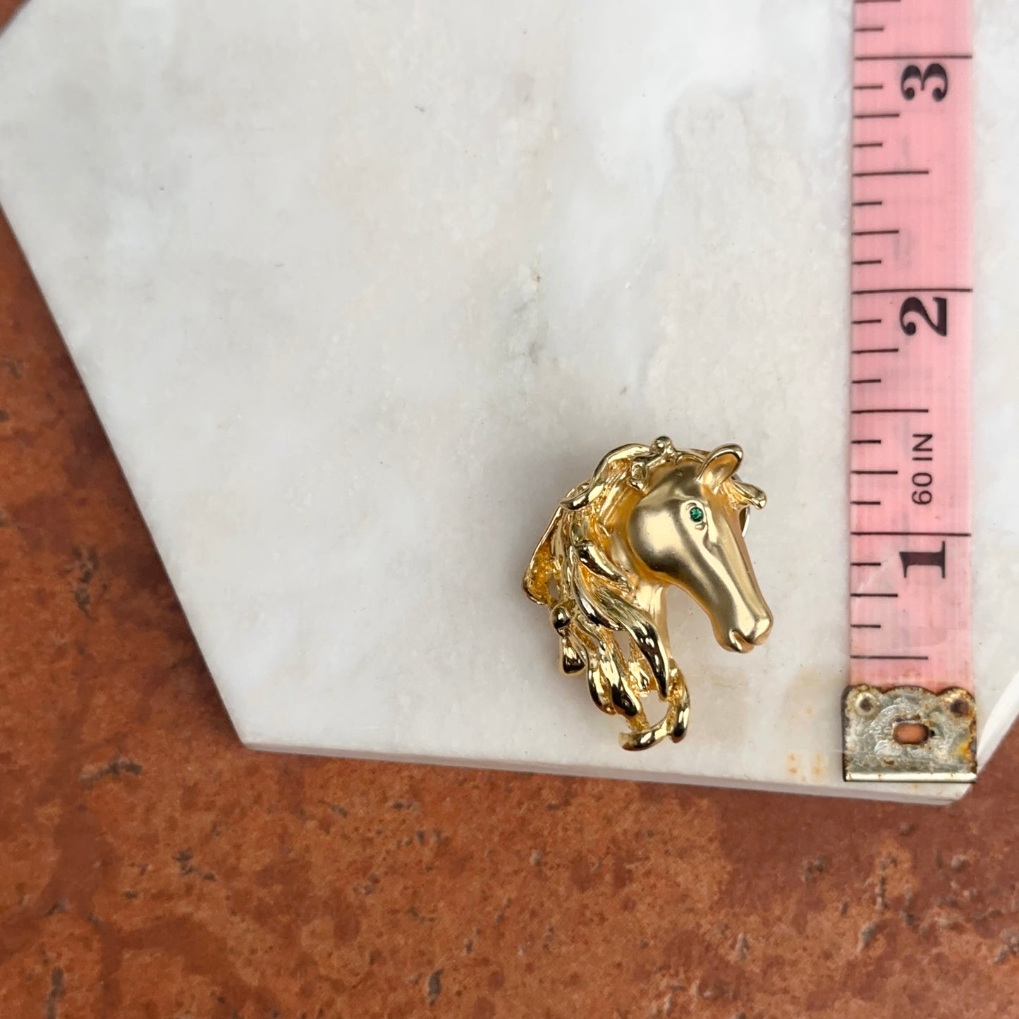 Estate Matte Gold-Tone Green Stone Horse Pin Brooch