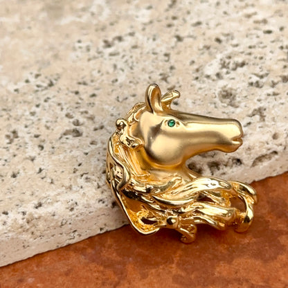 Estate Matte Gold-Tone Green Stone Horse Pin Brooch