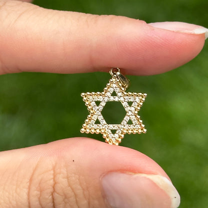 14KT Yellow Round Pave Diamond Beaded Star of David Pendant Charm