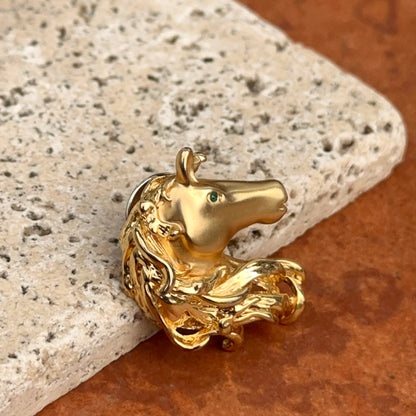 Estate Matte Gold-Tone Green Stone Horse Pin Brooch