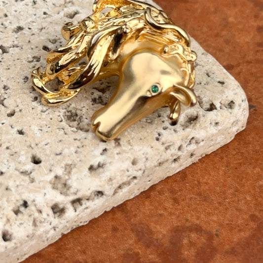 Estate Matte Gold-Tone Green Stone Horse Pin Brooch