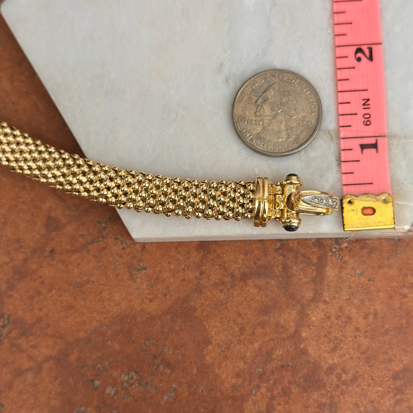 Estate 14KT Yellow Gold Onyx + Diamond Buckle Clasp Mesh Bracelet