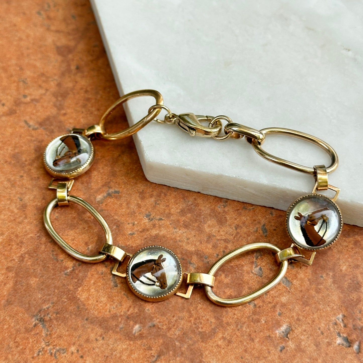 Estate Gold-Tone Painted Horse Bubble Link Bracelet