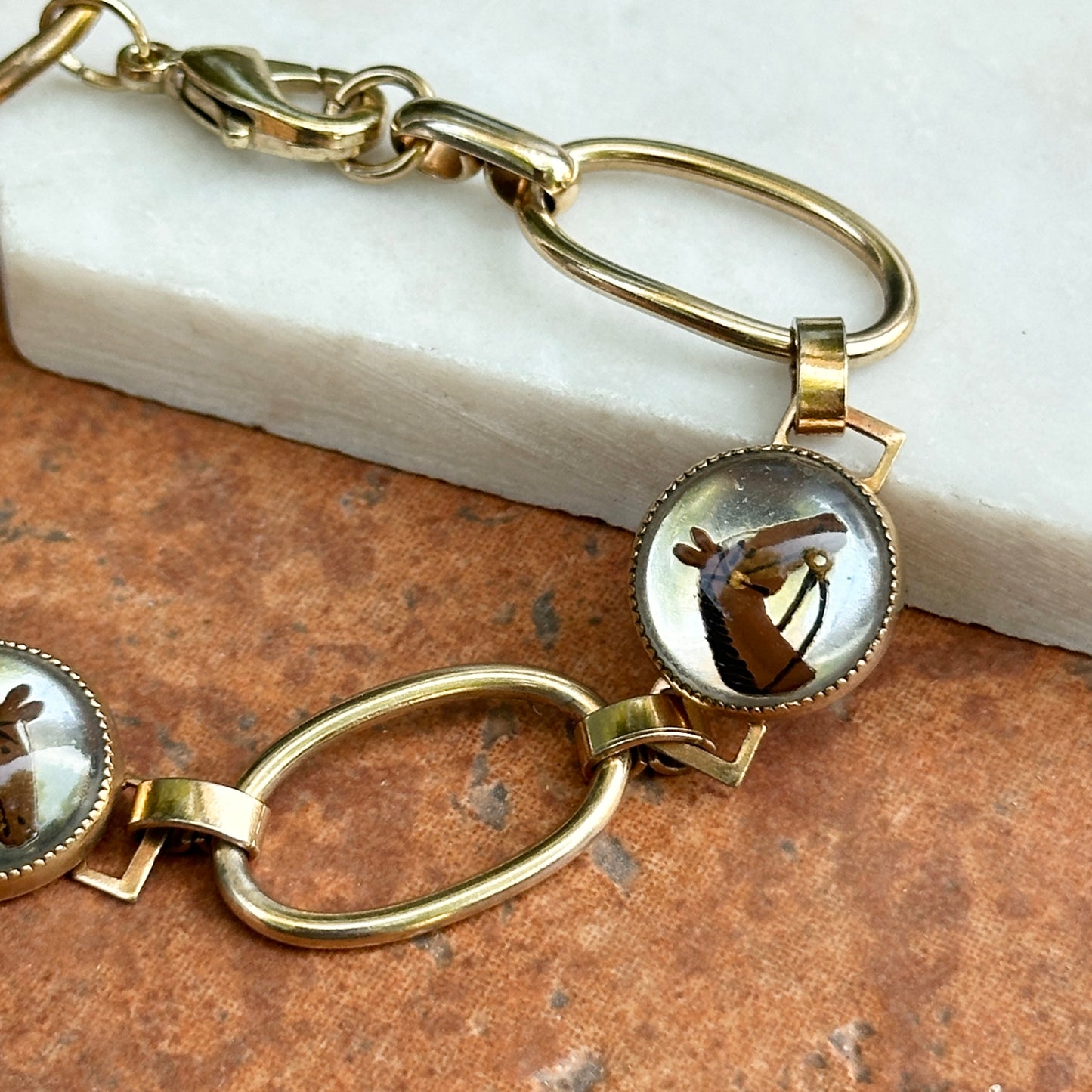 Estate Gold-Tone Painted Horse Bubble Link Bracelet