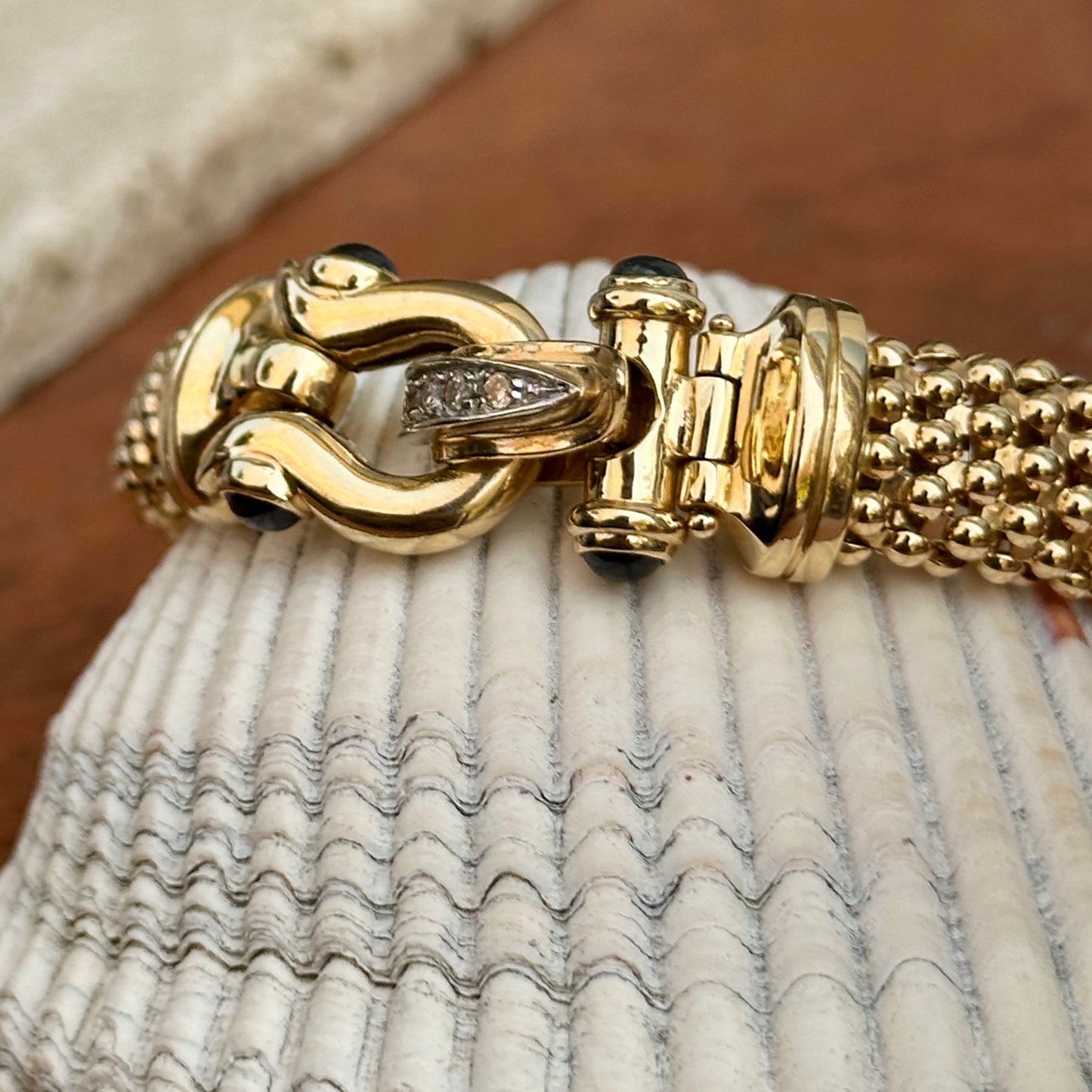 Estate 14KT Yellow Gold Onyx + Diamond Buckle Clasp Mesh Bracelet