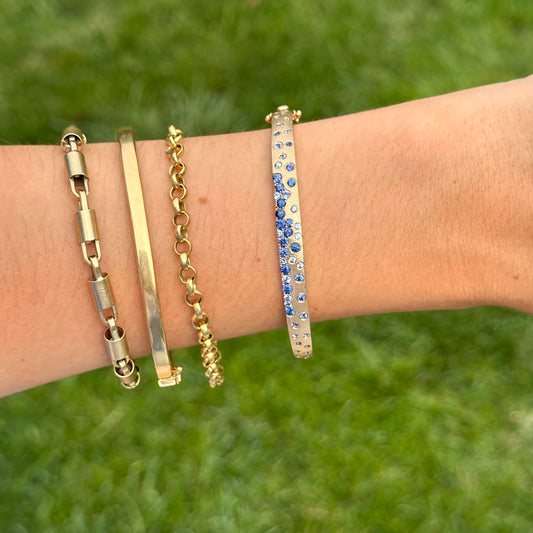 14KT Yellow Gold Multi-Shade Blue Sapphire Hinged Bangle Bracelet