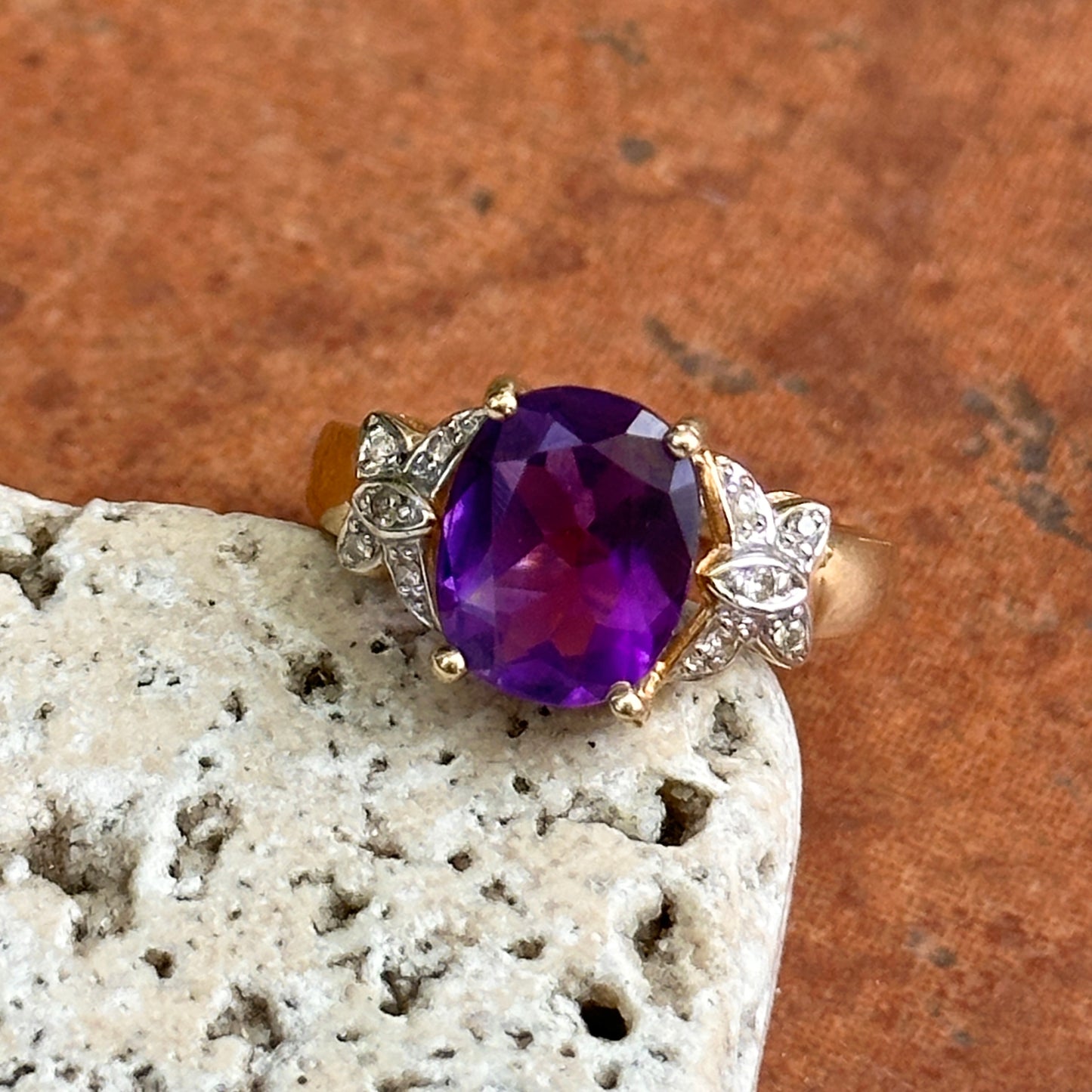 Estate 14KT Yellow Gold Cushion Amethyst + Diamond Ring
