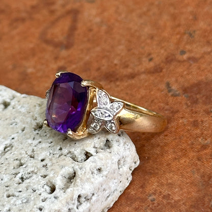 Estate 14KT Yellow Gold Cushion Amethyst + Diamond Ring