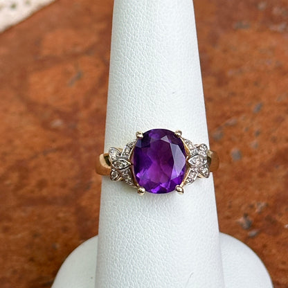 Estate 14KT Yellow Gold Cushion Amethyst + Diamond Ring