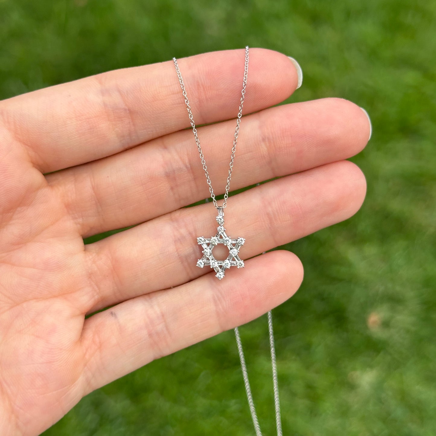 14KT White Gold Baguette and Round Diamond Prong Set Star Of David Necklace 16in