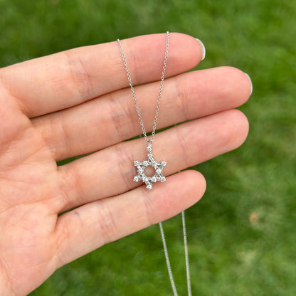 14KT White Gold Baguette and Round Diamond Prong Set Star Of David Necklace 16in
