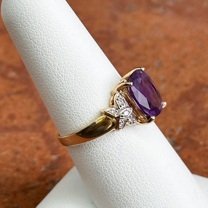 Estate 14KT Yellow Gold Cushion Amethyst + Diamond Ring