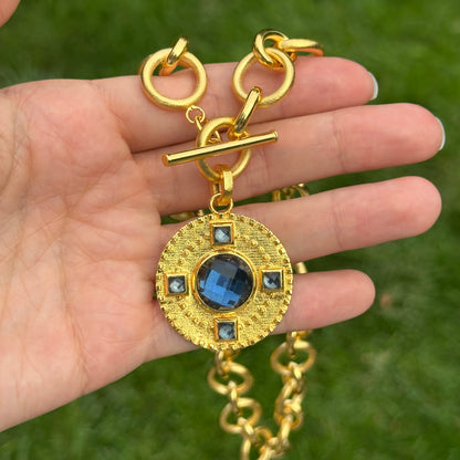 Yellow Gold-Plated Square and Round Blue Stone Toggle Necklace