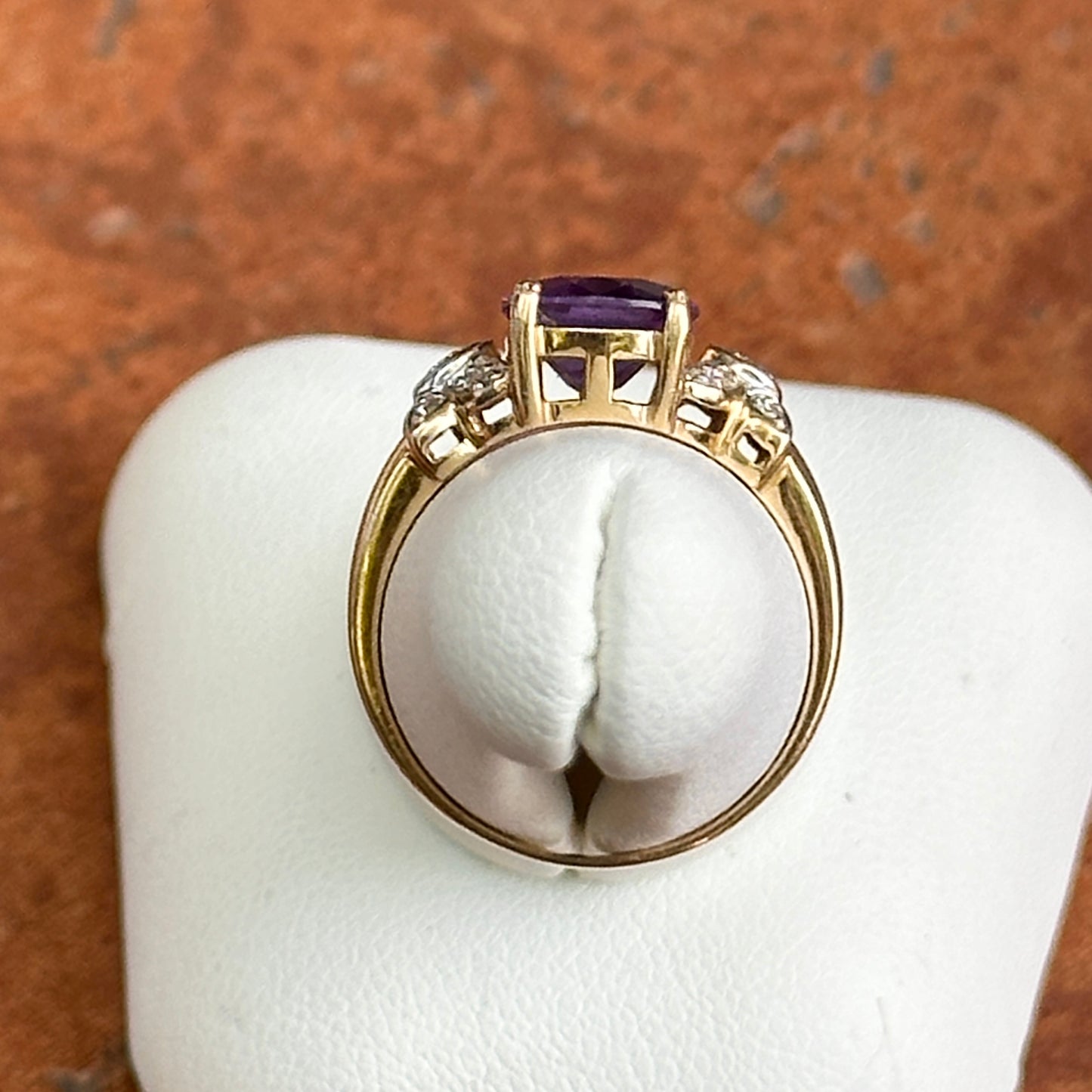 Estate 14KT Yellow Gold Cushion Amethyst + Diamond Ring