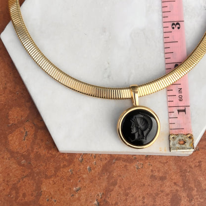Estate Gold-Tone Black Onyx Intaglio Pendant Herringbone Necklace