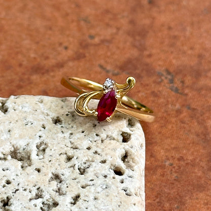 Estate 18KT Yellow Gold Marquise Ruby + Diamond Ring