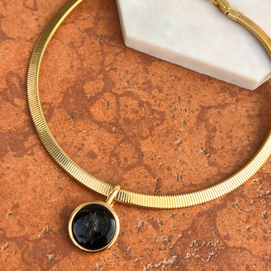 Estate Gold-Tone Black Onyx Intaglio Pendant Herringbone Necklace