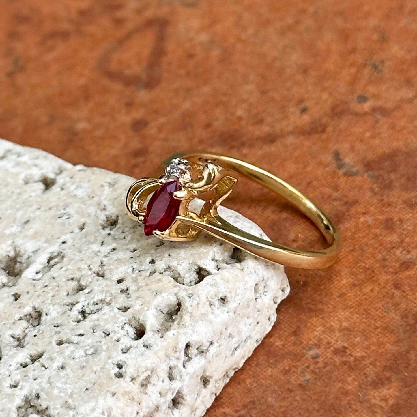 Estate 18KT Yellow Gold Marquise Ruby + Diamond Ring