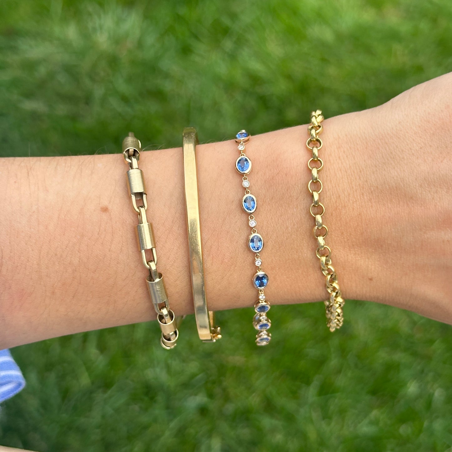 Estate 14KT Yellow Gold Oval Blue Sapphire + Round Diamond Bezel Link Bracelet - LSJ
