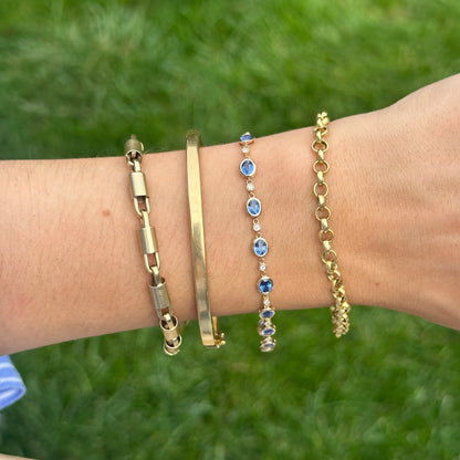 Estate 14KT Yellow Gold Oval Blue Sapphire + Round Diamond Bezel Link Bracelet - LSJ