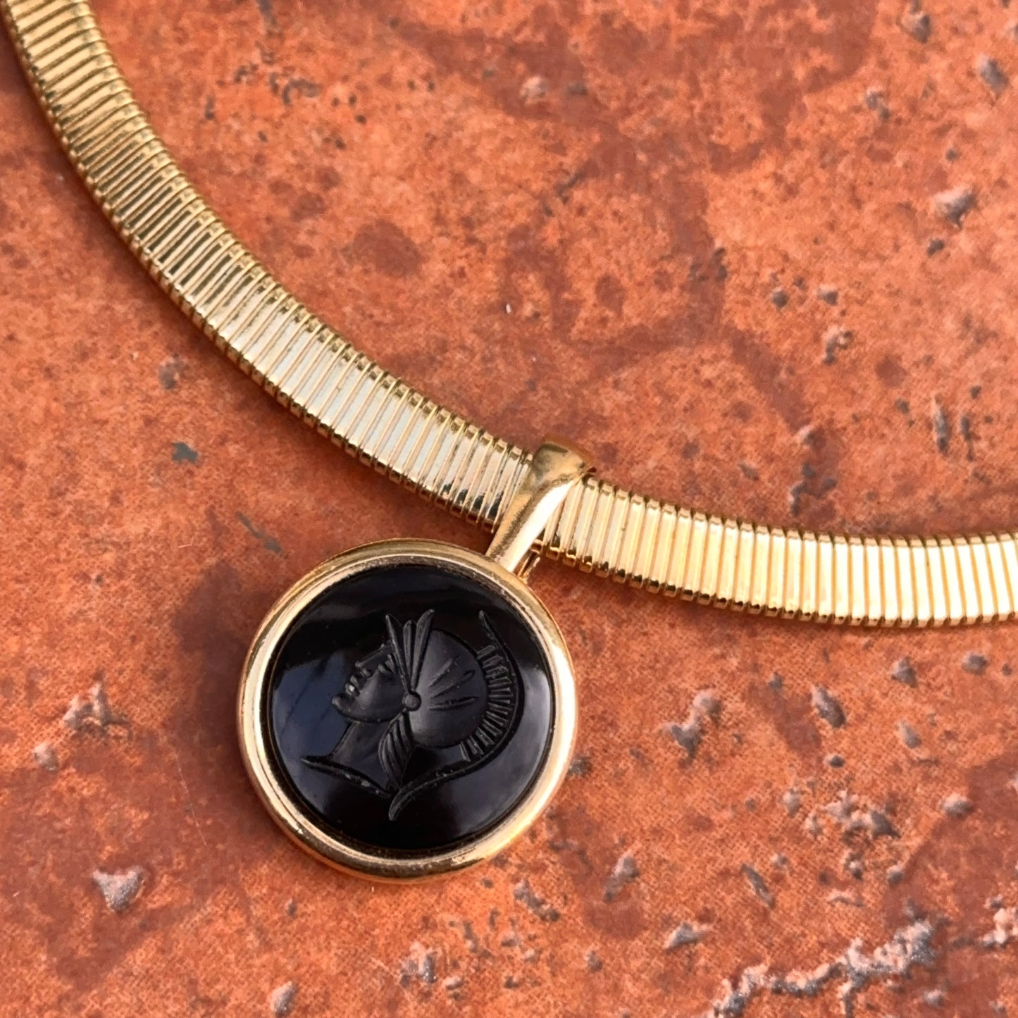Estate Gold-Tone Black Onyx Intaglio Pendant Herringbone Necklace