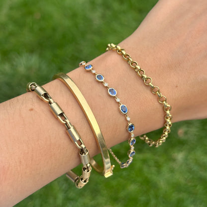 Estate 14KT Yellow Gold Oval Blue Sapphire + Round Diamond Bezel Link Bracelet - LSJ