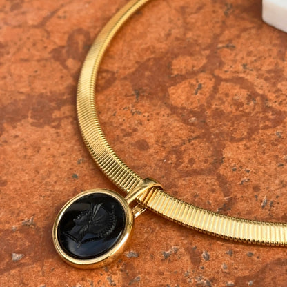 Estate Gold-Tone Black Onyx Intaglio Pendant Herringbone Necklace