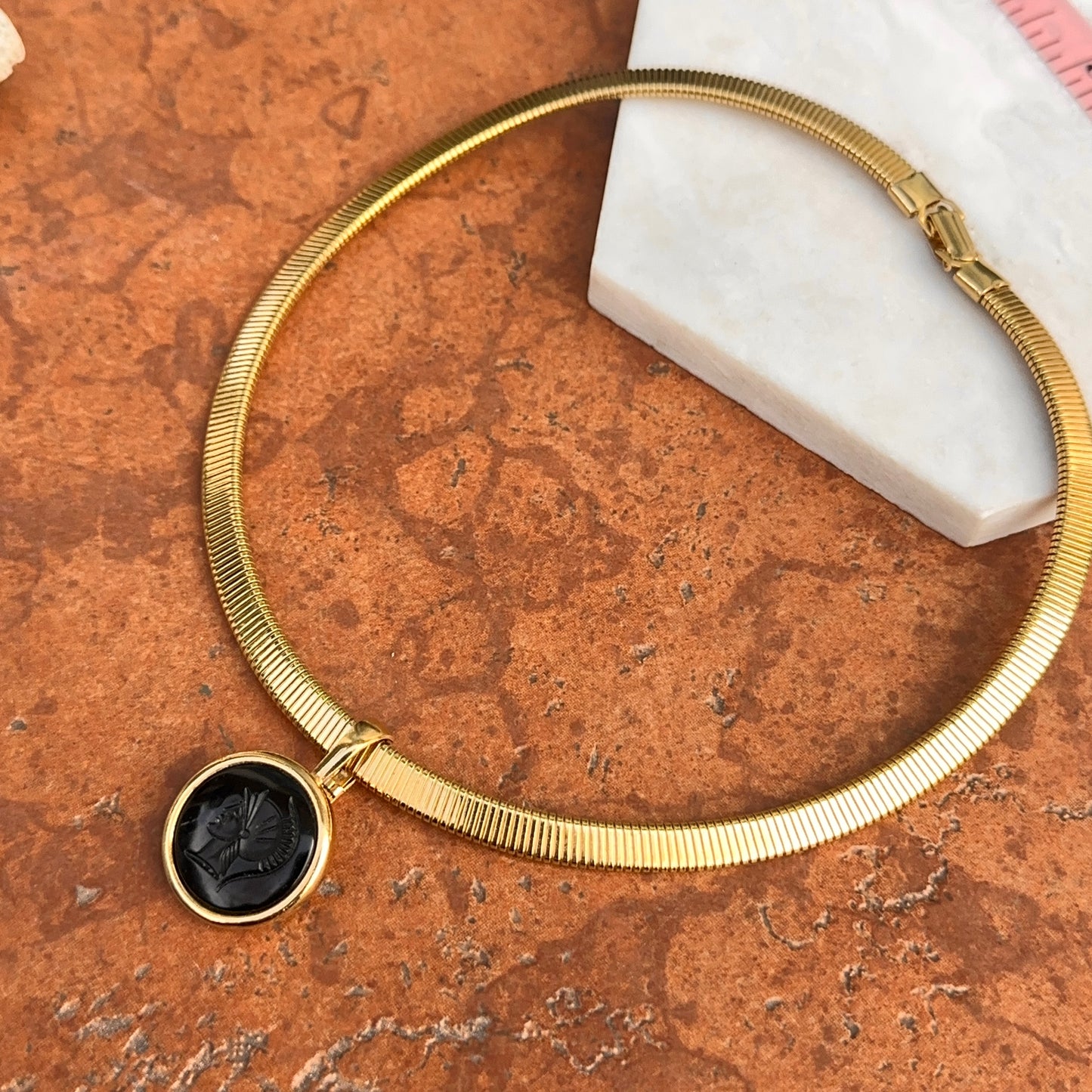 Estate Gold-Tone Black Onyx Intaglio Pendant Herringbone Necklace