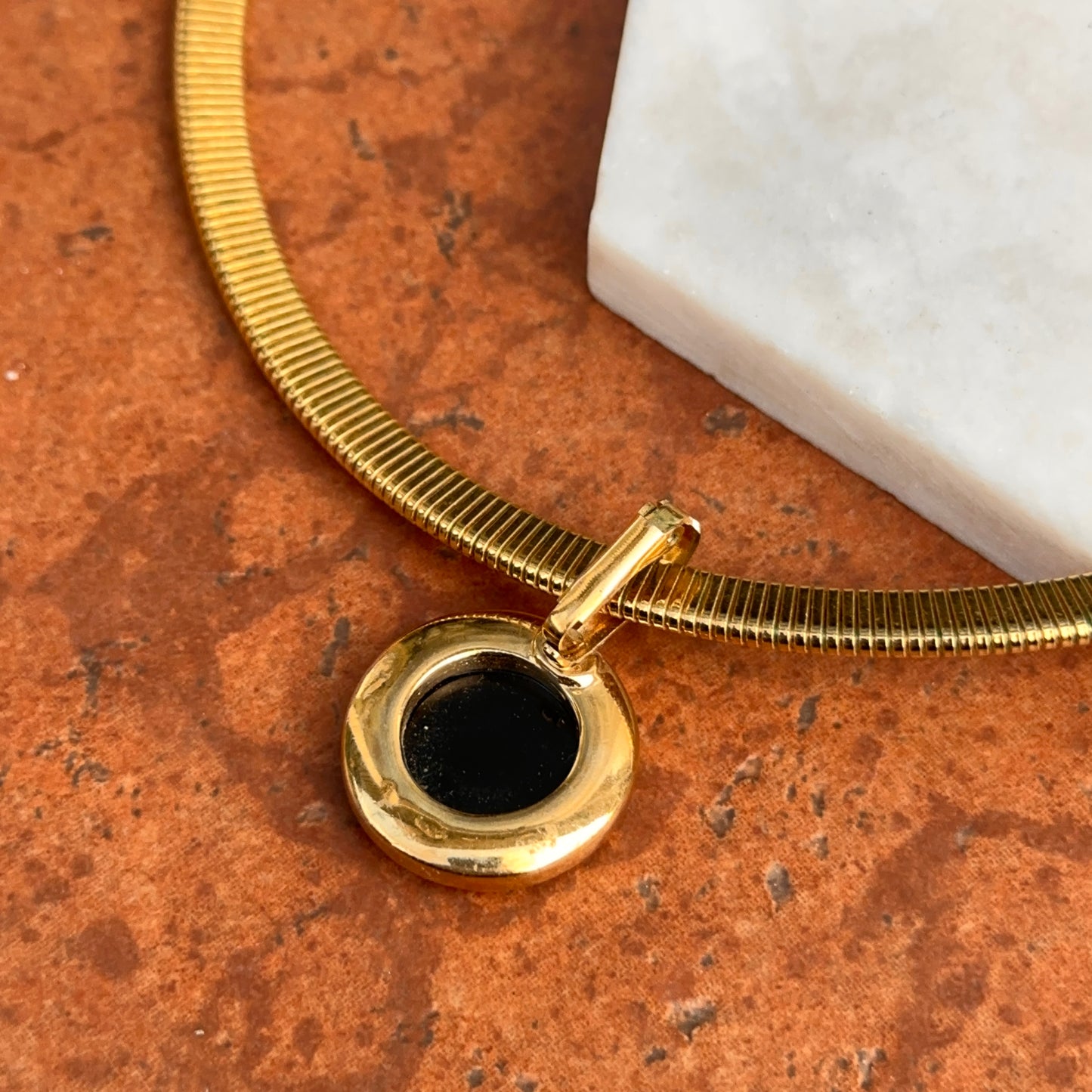 Estate Gold-Tone Black Onyx Intaglio Pendant Herringbone Necklace