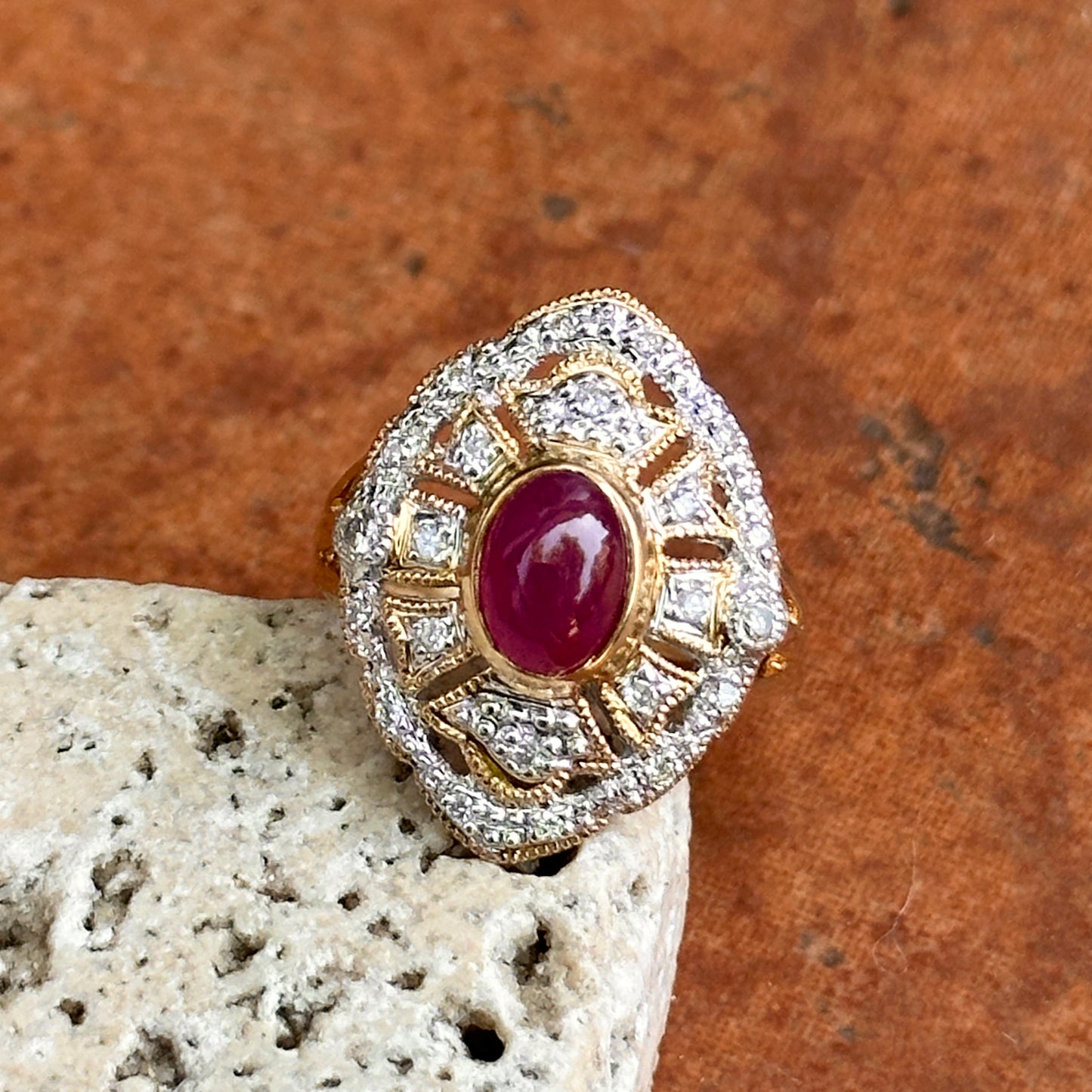 Estate 14KT Yellow Gold Cabochon Ruby + Diamond Statement Ring