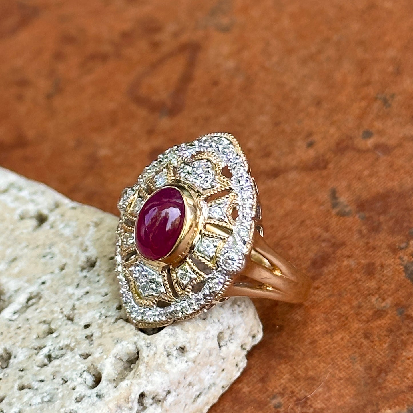 Estate 14KT Yellow Gold Cabochon Ruby + Diamond Statement Ring