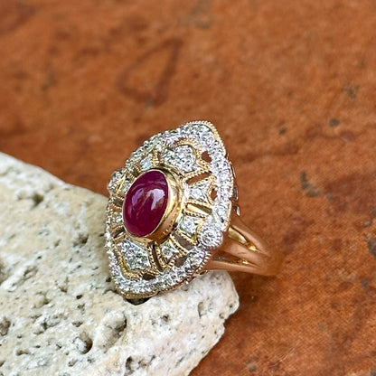 Estate 14KT Yellow Gold Cabochon Ruby + Diamond Statement Ring