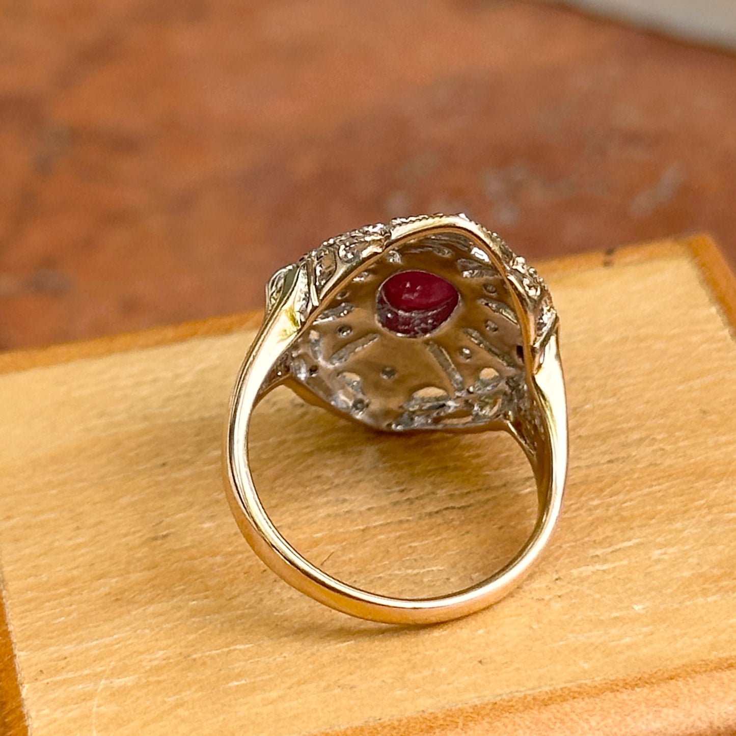 Estate 14KT Yellow Gold Cabochon Ruby + Diamond Statement Ring