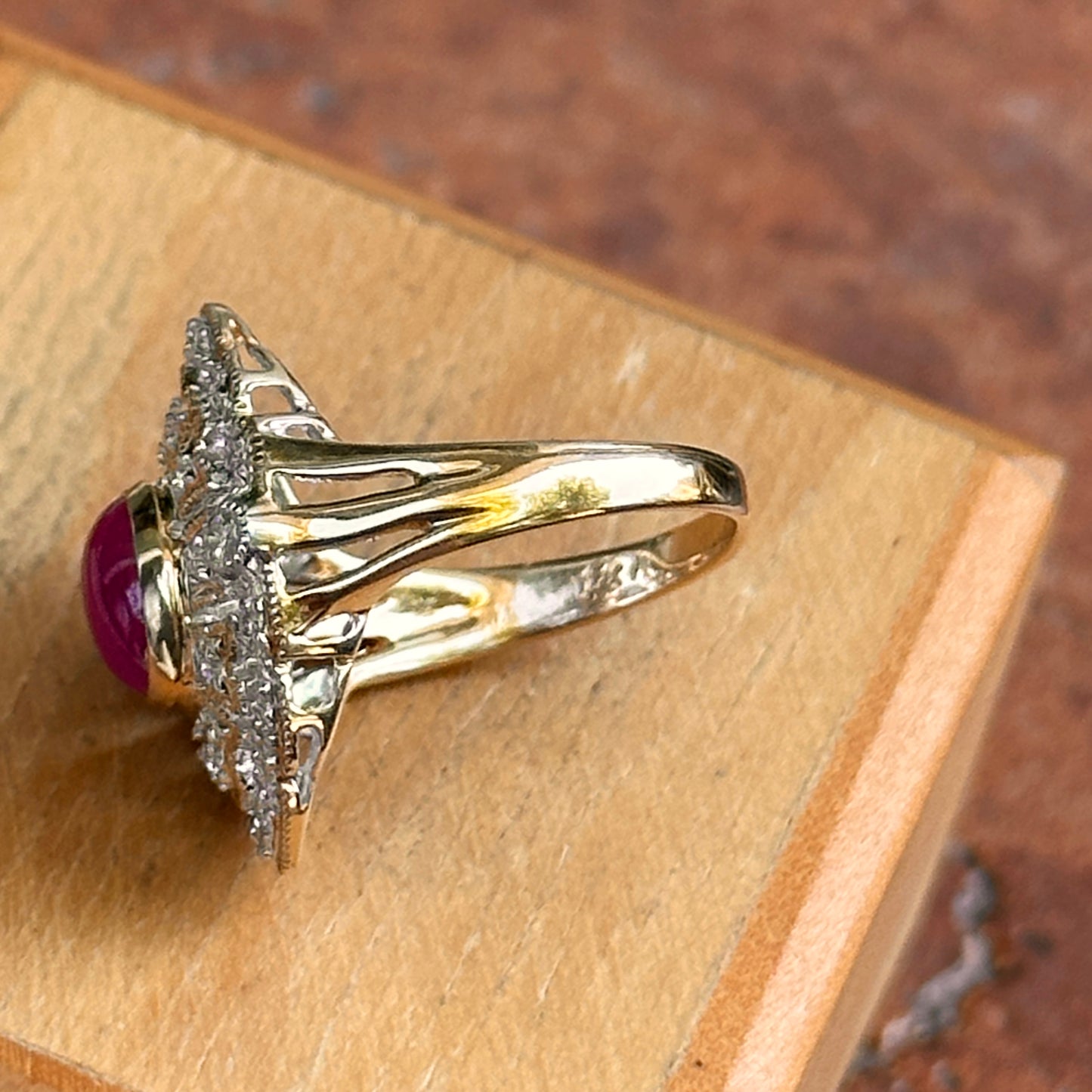 Estate 14KT Yellow Gold Cabochon Ruby + Diamond Statement Ring