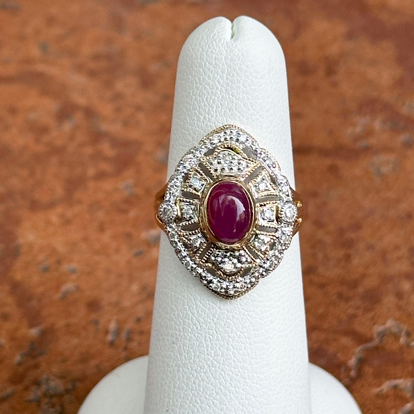 Estate 14KT Yellow Gold Cabochon Ruby + Diamond Statement Ring
