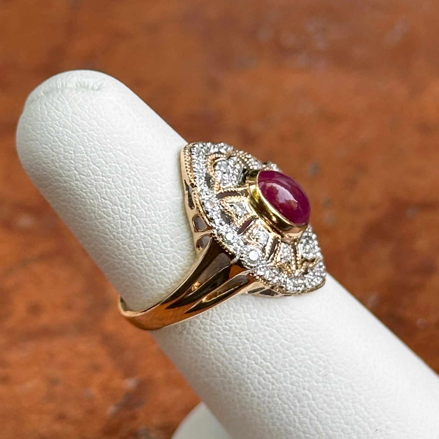 Estate 14KT Yellow Gold Cabochon Ruby + Diamond Statement Ring