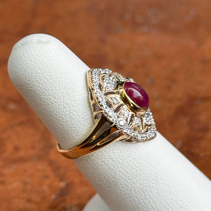 Estate 14KT Yellow Gold Cabochon Ruby + Diamond Statement Ring