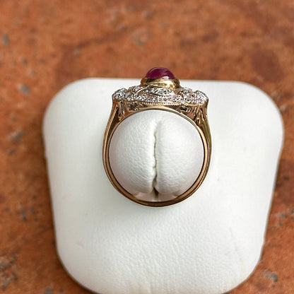 Estate 14KT Yellow Gold Cabochon Ruby + Diamond Statement Ring