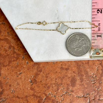 14KT Yellow Gold 12mm Mother of Pearl Clover Station Paperclip Chain Bracelet