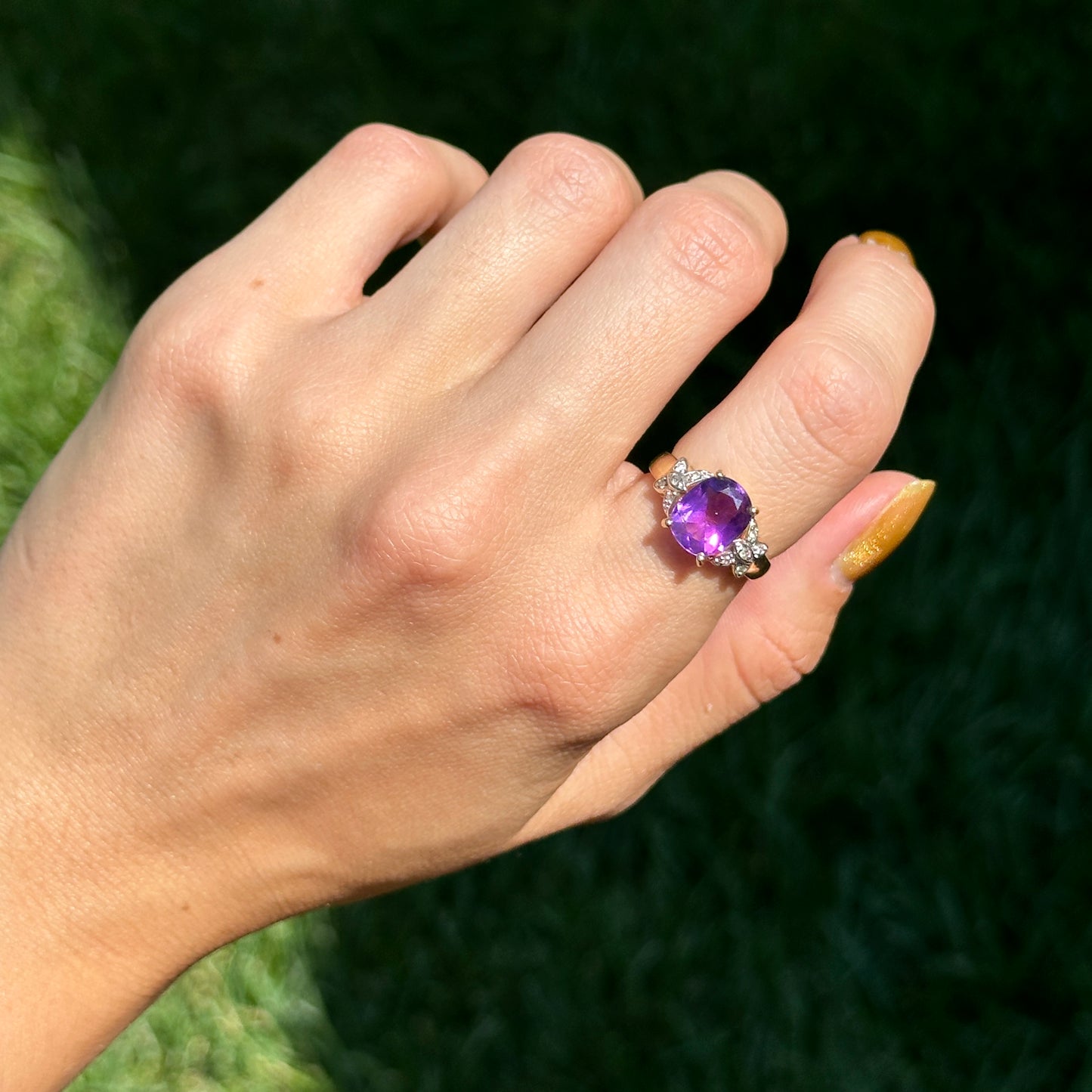 Estate 14KT Yellow Gold Cushion Amethyst + Diamond Ring
