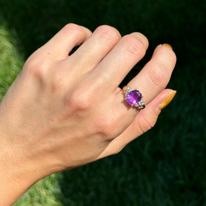 Estate 14KT Yellow Gold Cushion Amethyst + Diamond Ring