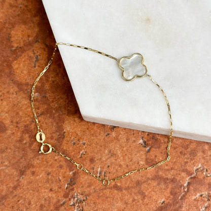 14KT Yellow Gold 12mm Mother of Pearl Clover Station Paperclip Chain Bracelet