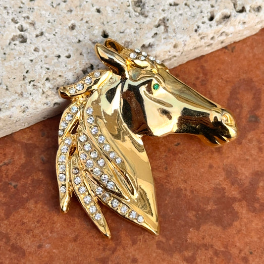 Estate Gold-Tone White + Green Stones Horse Pin Brooch