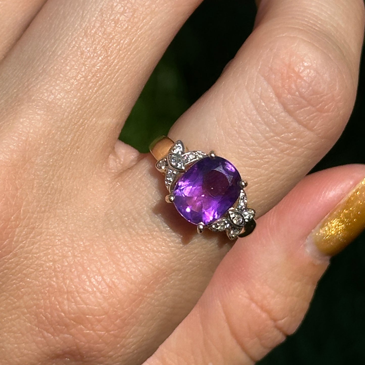 Estate 14KT Yellow Gold Cushion Amethyst + Diamond Ring
